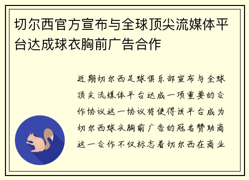 切尔西官方宣布与全球顶尖流媒体平台达成球衣胸前广告合作
